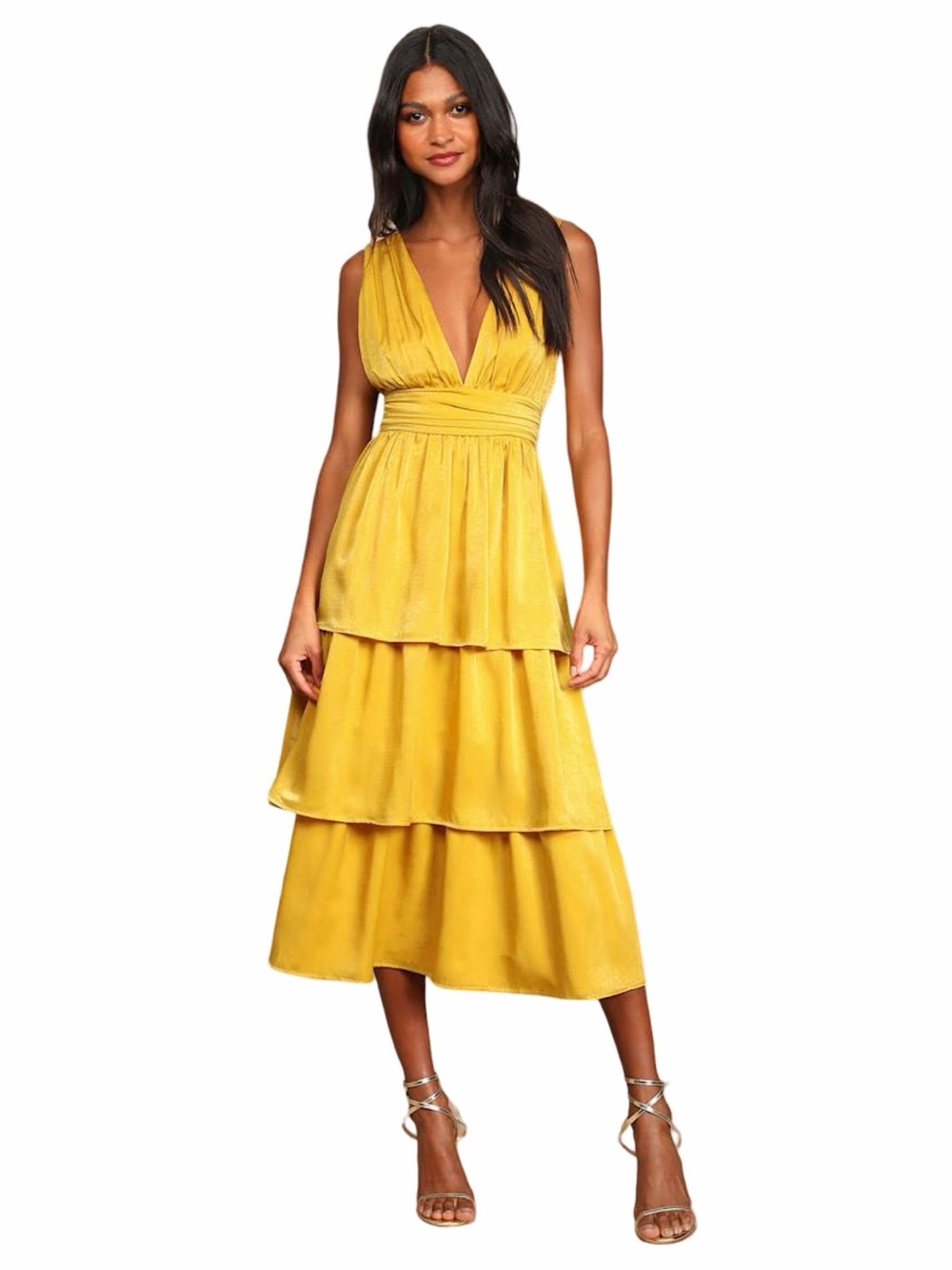 Lulu's Sunshine Yellow Tiered V-Neck Midi Dress